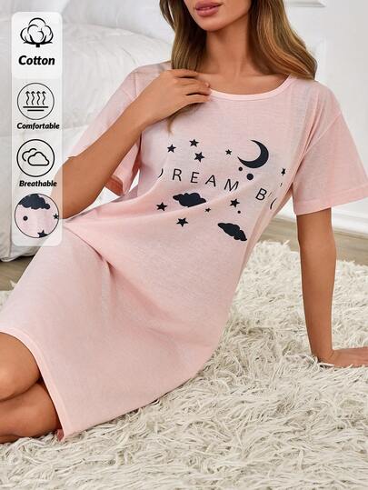 EURMUSE 100%Cotton Slogan Graphic& Moon & Clouds Print Nightdress Night Dress Sleepwear Women Night Dress Womens Nightdress Night Gowns Woman Sleepwear Women Dress