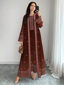 SHEIN Najma 女士复古花卉植物印花红棕色长袖休闲阿拉伯风格套装，春秋季 - 彩色 - 查看 3