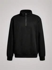 Officeau 男士 Old Money 纹理提花休闲运动四分之一拉链卫衣，长袖上衣 - 黑色 - 查看 1