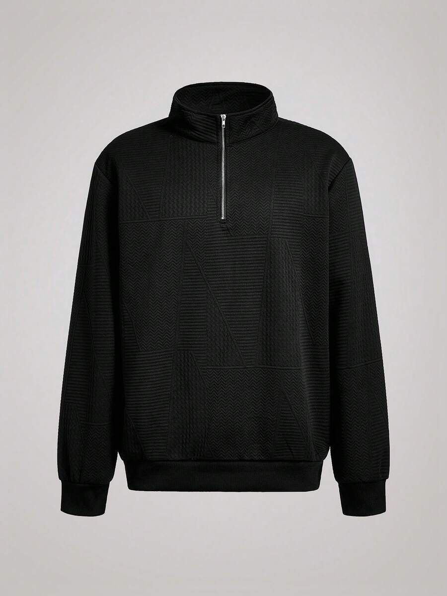 Officeau 男士 Old Money 纹理提花休闲运动四分之一拉链卫衣，长袖上衣 - 黑色 - 查看 1