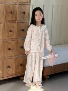 DAZY Young Girl Cartoon Print Long Sleeve Button-Up Top And Pants Pajama Set Spring - Apricot - View 5