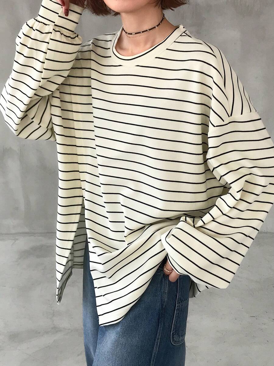 FRIFUL 女士休闲条纹长袖T恤，侧开衩，秋季款 - 杏色 - 查看 1