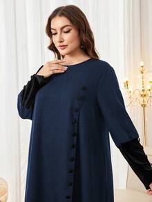 Al Najma Vestido largo holgado con cuello redondo, manga larga y decoración de botones, estilo árabe informal, adecuado para primavera y otoño, talla grande para mujer - Multicolor - Ver 3
