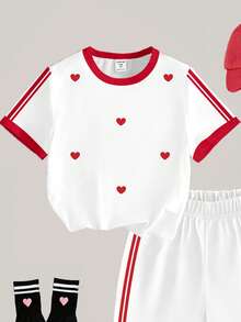 SHEIN Elladie kids 2件套女童休闲时尚创意爱心条纹印花T恤短裤套装，舒适日常穿着，适合春、夏、秋季穿着，可爱女童套装，少女服装，短袖。 - 彩色 - 查看 5