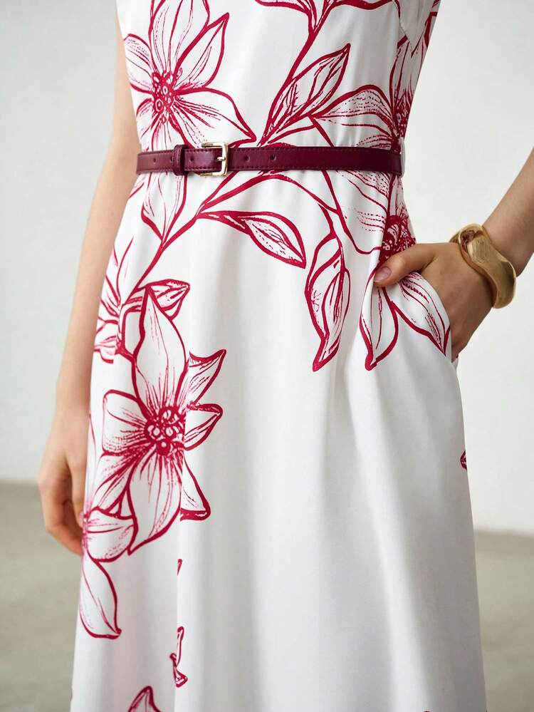 WOMEN'S FLORAL PRINT BELTED FIT AND FLARE MIDI DRESS, ELEGANT & ROMANTIC FOR EVERYDAY WEAR