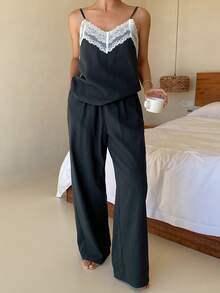 DAZY Conjunto de pijama de top de tirantes y pantalones con parches de encaje de colores contrastantes para mujer - azul real - Ver 6