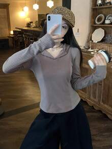 DAZY Camiseta de manga larga con capucha de estilo coreano casual y holgada para mujer - Gris - Ver 6