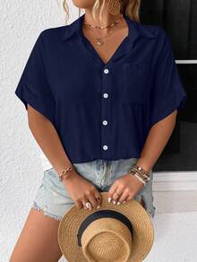 Elenzga Plus Size Solid Color Turndown Collar Front Button Casual Short Sleeve Shirt - Navy Blue - View 6