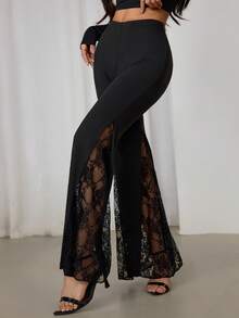 SHEIN PETITE 女士纯色弹力腰带蕾丝喇叭裤，喇叭裤，性感黑色女式裤装 - 黑色 - 查看 9