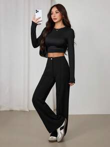 SHEIN PETITE Solid High Waist Seam Detail Black Pants - Black - View 6