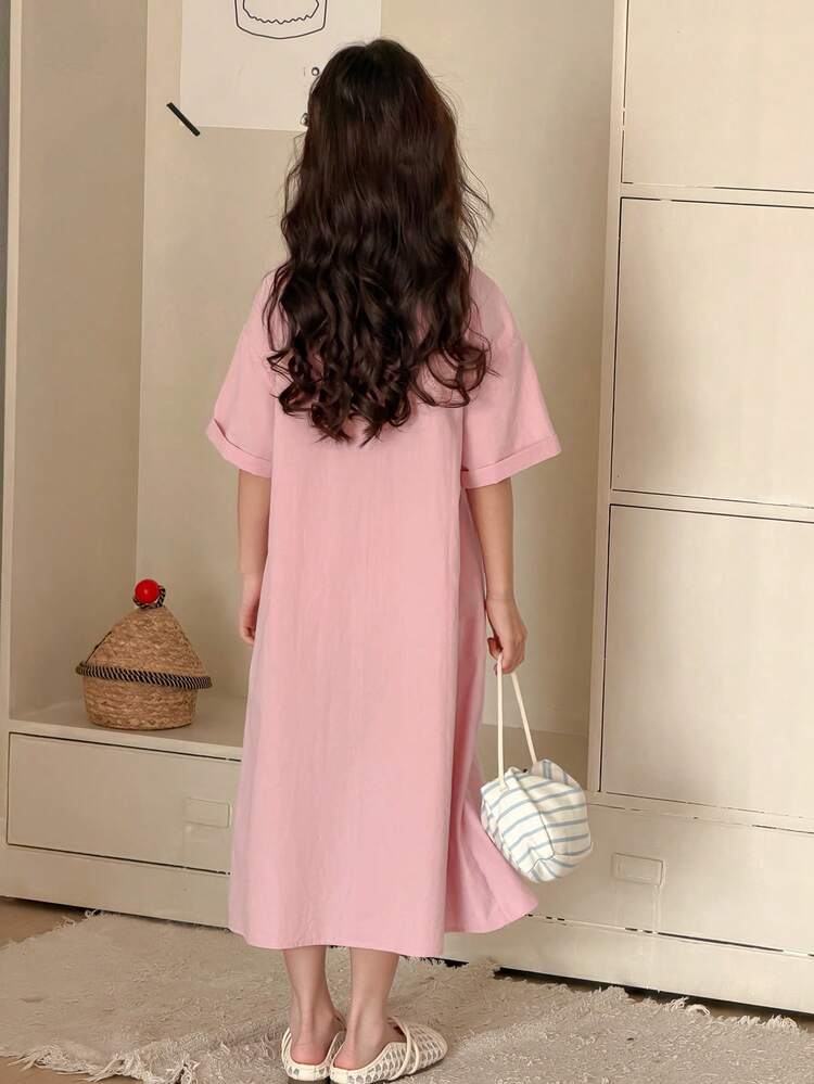 Tween Girl Butterfly Print Drop Shoulder Short Sleeve Single-Breasted Casual Shirt Dress Spring Summer
