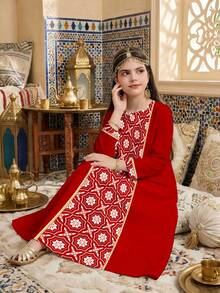 Áo Abaya cầu nguyện màu đỏ lựu, họa tiết hoa truyền thống, màu vàng tương phản, váy dài tay dáng rộng kín đáo thường ngày cho bé gái, váy dài tay thanh lịch, áo Abaya cầu nguyện cho trẻ em, thoải mái dễ chịu, trang phục thường ngày, áo Kaftan kín đáo, áo Jalabiya cho trẻ em, kiểu dáng mới, áo Jalabiya họa tiết hoa cho bé gái. - Nhiều màu - Xem 4