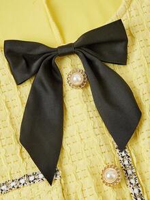 SHEIN MOD 大码女式优雅缎带蝴蝶结装饰长袖连衣裙，春夏款，新年/情人节款 - 黃色 - 查看 3