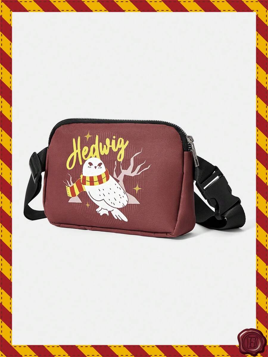HARRY POTTER X SHEIN 女士时尚胸包,印花运动腰包,配有可调节肩带,时尚字母图案腰包,方形腰包,适合运动跑步自行车单肩包/腰包 - 咖啡棕 - 查看 1