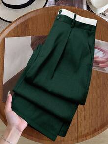 SHEIN PETITE Plus Size Women Contrast Waistband Straight Leg Pants - Dark Green - View 4