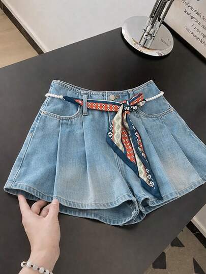 GlowEve Women's Pleated Fashion Casual Belted Denim Shorts, Suitable For Summer