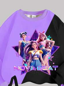 一套女童休闲卡通图案紫色和黑色撞色长袖圆领连帽卫衣和修身裤套装，适合春、秋、冬季外出穿着，韩流风格