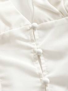 ROMWE Minimalist Sexy New Chinese Style Deep V Hollow Design With Collar Fitted Sheer Blouse - Apricot - View 3