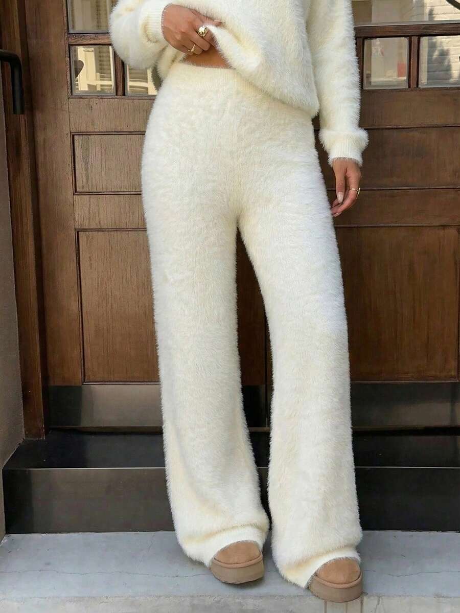 SHEIN EZwear Quần nỉ nữ màu trơn, cạp chun, thích hợp cho mùa thu/đông. - Màu be - Xem 1