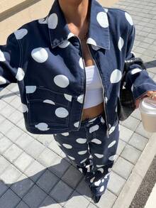 Muchica Women's Polka Dot Print Zip-Up Long Sleeve Denim Jacket And Coat For Going Out Outfits, Streetwear, Spring Outfits