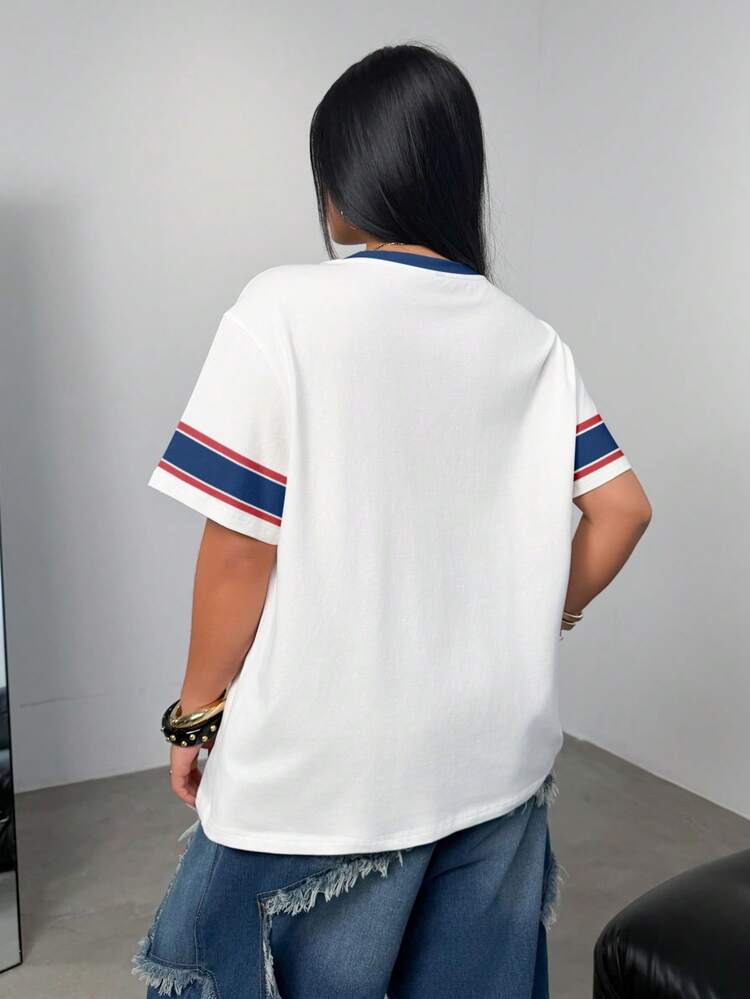 TOM & JERRY X SHEIN 加大码夏季休闲撞色卡通字母图案短袖T恤 - 白色 - 查看 2