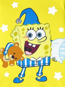 SpongeBob SquarePants | SHEIN 2件套男婴卡通图案圆领长袖上衣和裤子针织舒适弹力贴身睡衣套装 - 黃色 - 查看 5