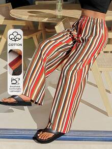 DAZY Loose Striped Women Pajama Bottoms, Vacation Style - Brown - View 3