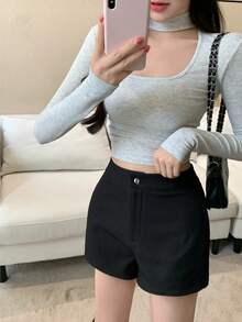 DAZY 女士休闲日常通勤简约纯色抓绒短裤嘉年华 - 黑色 - 查看 6