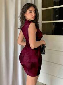 Firerie Women's Elegant Bodycon Sleeveless Mini Dress, Women's Summer Clothing, Tie-Dye Print, Angola Red, Ruched Waist Maroon Mini Dress Elegant Women Dress Ruched Bodycon Dress - Multicolor - View 2