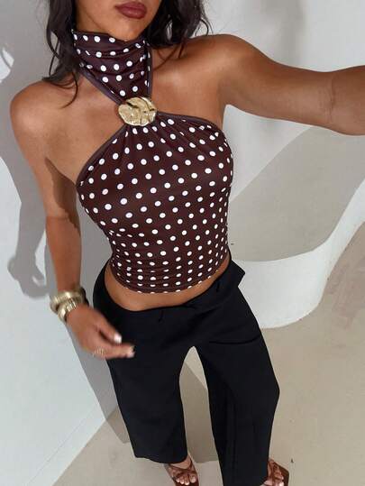 Aloruh Women's Elegant  Blown Polka Dots Halter Sexy Crop Top,Spring Outfit Women,Going Out Top, Going Out Tops For Women,Summer Tops,Summer Holiday Outfits