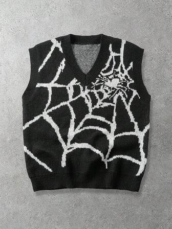 Men's Casual Spider Web Pattern V-Neck Sweater Vest, Suitable For Daily Commute, Halloween, Autumn/Winter