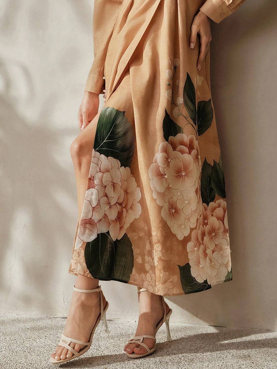 Anewsta Vestido largo con cuello de camisa, estampado floral y acento de perlas elegante para vacaciones, para mujer, primavera/verano