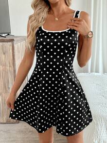SHEIN LUNE Vestido corto sin mangas con cuello cuadrado, cintura marcada y dobladillo acampanado, con lunares negros y ribete blanco, elegante para mujer - Negro - Ver 5