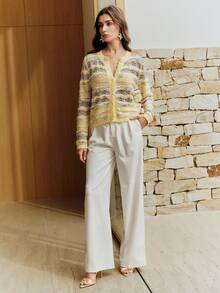 Anewsta 女士镂空设计单排扣长袖休闲针织开衫 - 黃色 - 查看 4