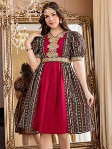 SHEIN Đầm tay phồng họa tiết hình học, phối ruy băng, thích hợp cho bé gái tuổi teen mùa hè. - màu đen - Xem 5