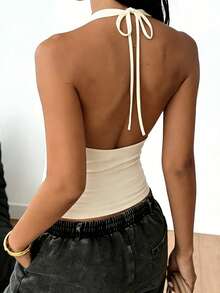 INAWLY Áo kiểu nữ màu trơn cổ yếm buộc dây, phong cách thường ngày đa năng, phù hợp cho hẹn hò và tiệc tùng. - Màu be - Xem 2