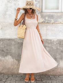 Brillora 女士度假风拼接钩编花卉休闲粗肩带连衣裙 - 杏色 - 查看 7