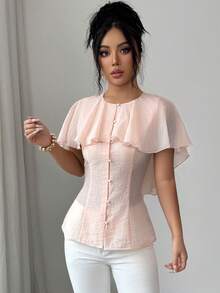 Elenzga Áo kiểu nữ màu trơn, cổ tròn, chất liệu xuyên thấu, dáng capelet lãng mạn, xếp ly, cài nút ở eo, không tay, tay ngắn, màu hồng, thanh lịch, mang phong cách Pháp cổ điển tối giản, phù hợp cho công sở, đi làm, kinh doanh, thường ngày, đi biển, hẹn hò, mùa xuân/hè. - Hồng - Xem 4