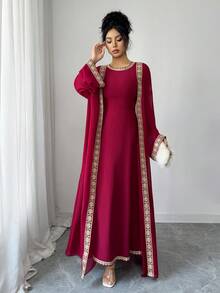 Elenzga Urban Chic New Women's Red Sleeveless Fitted Dress With Gold Ribbon, Loose Long Sleeve Maxi Cover Up, Suitable For Daily Wear, Weddings, Galas, Commute, Graduation Parties, Holidays, Dates, Parties, Halloween, Christmas, New Year, Thanksgiving, Wedding Guest Outfits - Red - View 7