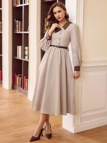 Vintamour 复古经典学院风女式连衣裙，秋冬季，修身剪裁，撞色领连衣裙，不对称领连衣裙，系带连衣裙，长袖连衣裙，浅卡其色连衣裙 - 卡其色 - 查看 7