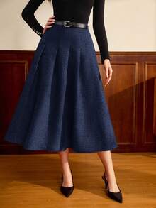 Vintamour 复古经典优雅女士半身裙，修身腰身，带口袋，灰色，百褶裙，适合夏秋穿着 - 藏蓝色 - 查看 4