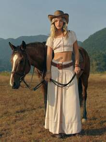 WESTFADE Mid Waist Back Button Front Contrast Stitch Smocked Back Linen Blend Flowy Maxi Skirt - Apricot - View 1