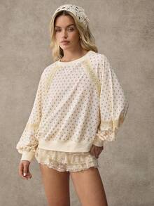 WESTFADE Boho Floral Print Crochet Lace Trim Crew Neck Long Balloon Sleeve Oversized Sweatshirt - Multicolor - View 3