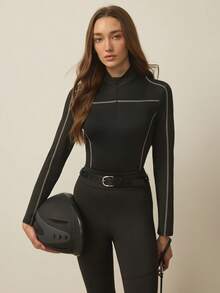 With My Calm 女士休闲百搭黑色隐形拉链网眼灰色条纹修身长袖马术夹克 - 黑色 - 查看 1