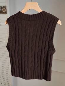 Comfortcana 加大码V领扭结骑马图案休闲毛衣背心，秋冬款 - 巧克力棕 - 查看 2