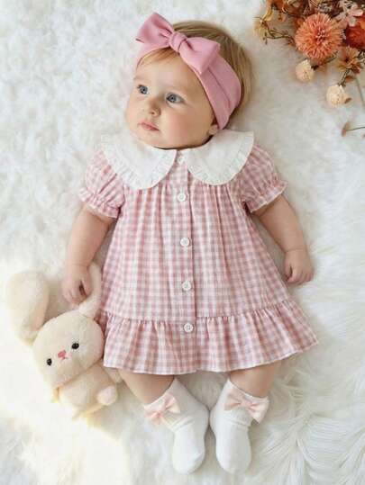 SHEIN Newborn Cute Cartoon Heart Pattern Suspender Bow Decor Princess Dress, Suitable For Spring/Summer Outings, Vacations And Parties