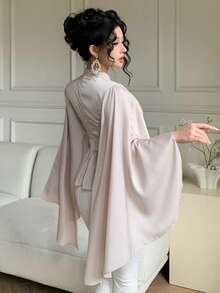 DAZY Spring/Summer Ruffled Collar Pleated Waist Elegant Casual Blouse With Patchwork Ruffle Hem, Long Sleeve, Suitable For Commuting, Weddings, Valentine's Day - Baby Pink - View 4