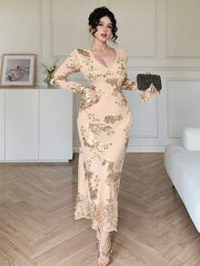 DAZY Women's Elegant Floral Sequin V-Neck Flare Sleeve Dress, Spring/Summer Wedding Guest Dress Sundress - Apricot - View 7
