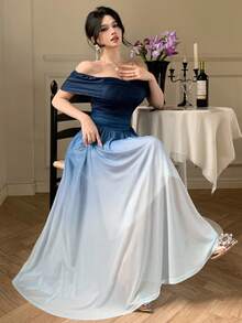 DAZY Women's Elegant Ombre Off-Shoulder Midi Dress, Summer Wedding Guest Dress Sundress - Blue - View 8