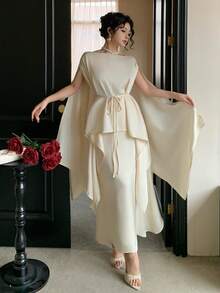 DAZY Women's Elegant Solid Color Belted Shirt & Skirt 2 Pieces Set, Spring/Summer,Wedding Guest Dress Women - Beige - View 7